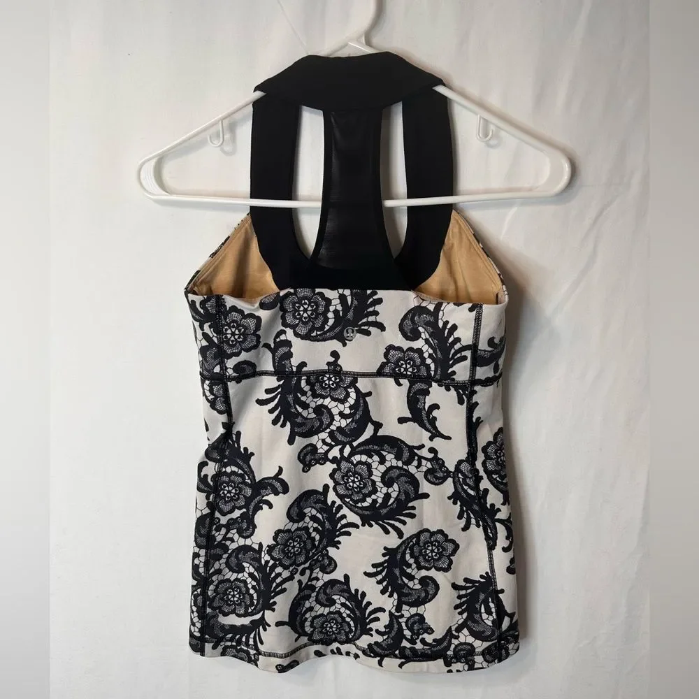 Lululemon Athletica Laceoflage WorkOut Scoop NeckTank Top Black Crème Floral SZ6